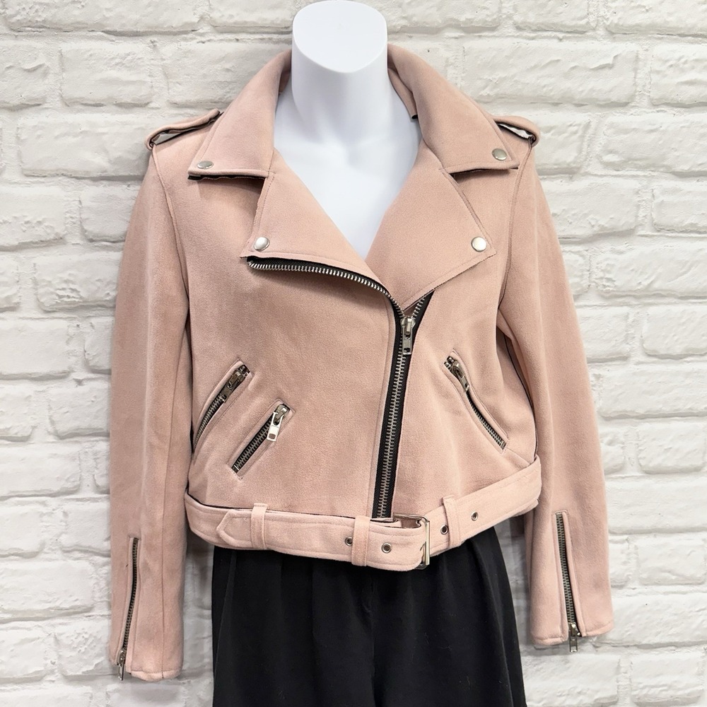 Womans M Faux Suede Leather Moto Jacket Blush Pink Motorcycle Biker Babe Cropped